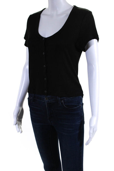 Rag & Bone Womens Black Ribbed Scoop Neck Short Sleeve Button Front Top Size L