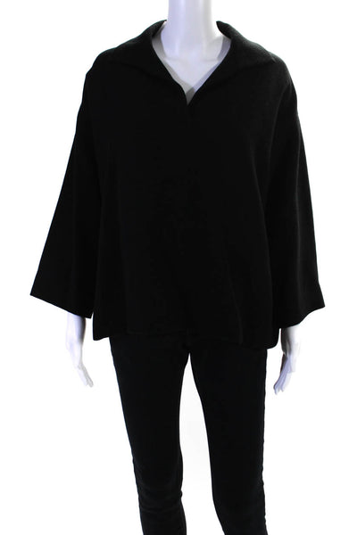 Vito Emanuele Womens Woven Collared 3/4 Sleeve V Neck Top Blouse Black Large