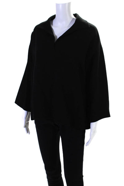 Vito Emanuele Womens Woven Collared 3/4 Sleeve V Neck Top Blouse Black Large