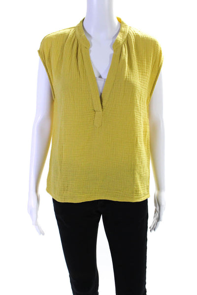 Monrow Womens Cap Sleeve V Neck Boxy Gauze Top Yellow Cotton Size Medium