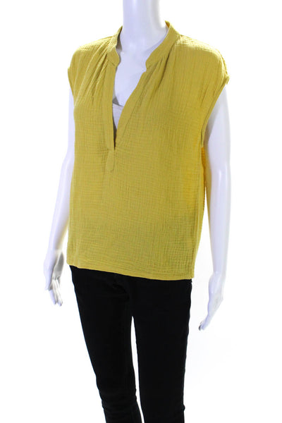 Monrow Womens Cap Sleeve V Neck Boxy Gauze Top Yellow Cotton Size Medium