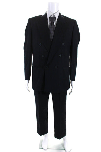 Raffinati Mens Striped Print Double Breasted Pleated Suit Set Navy Size EUR42