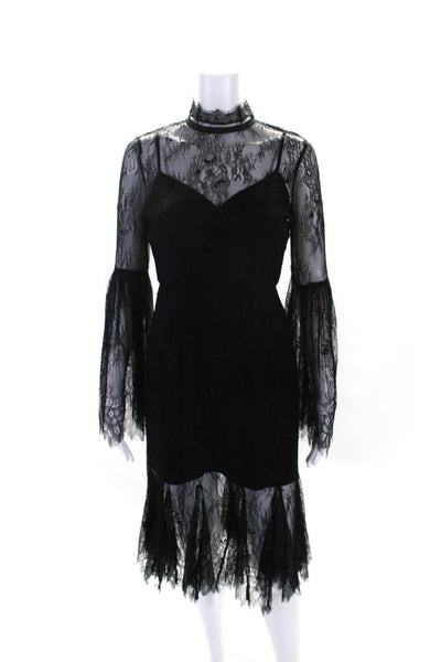 MISHA COLLECTION Womens Black Lace High Neck Bell Long Sleeve Shift Dress Size 4