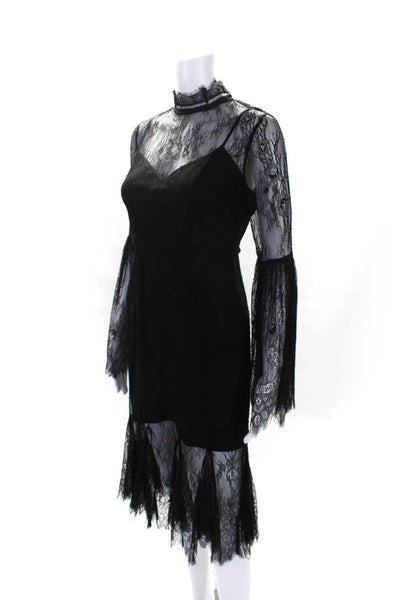 MISHA COLLECTION Womens Black Lace High Neck Bell Long Sleeve Shift Dress Size 4