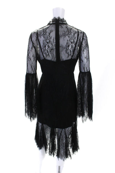 MISHA COLLECTION Womens Black Lace High Neck Bell Long Sleeve Shift Dress Size 4