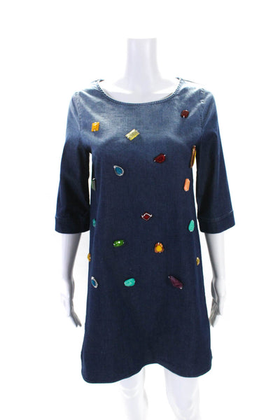 Stella McCartney Womens Blue Cotton Beaded Detail 3/4 Sleeve Shirt Dress Size L