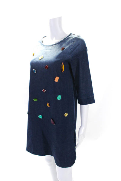 Stella McCartney Womens Blue Cotton Beaded Detail 3/4 Sleeve Shirt Dress Size L