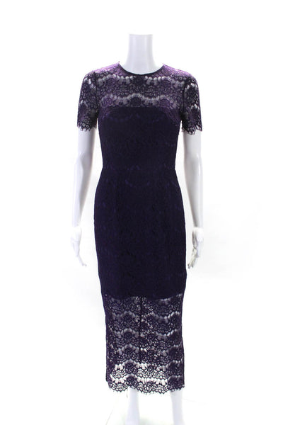 Cynthia Rowley Womens Purple Lace Crew Neck Short Sleeve Midi Shift Dress Size 2