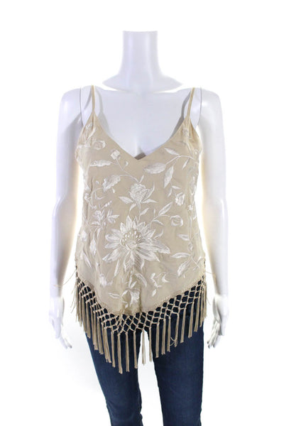 Majorelle Womens Embroidered Floral Frayed Tassel Hem V-Neck Blouse Beige Size M