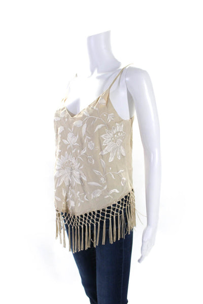 Majorelle Womens Embroidered Floral Frayed Tassel Hem V-Neck Blouse Beige Size M