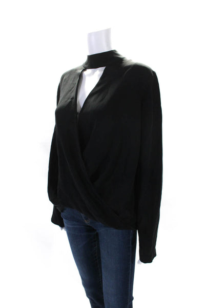 Emerson Thorpe Womens Zipped Mock Neck Draped Long Sleeve Blouse Black Size M