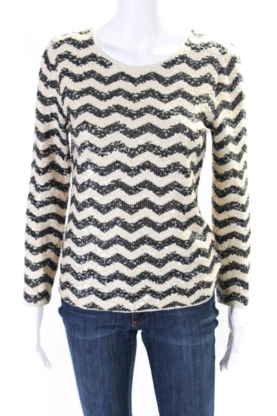 J Crew Womens Sequined Chevron Striped Sweater Beige Black Cotton Size Small