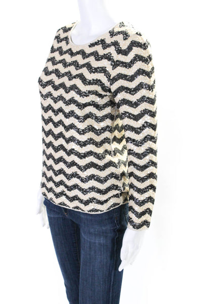 J Crew Womens Sequined Chevron Striped Sweater Beige Black Cotton Size Small