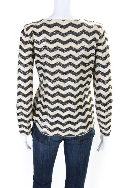 J Crew Womens Sequined Chevron Striped Sweater Beige Black Cotton Size Small