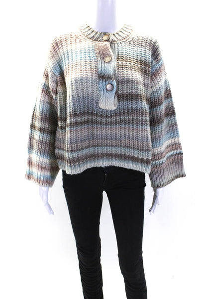 Something Navy Womens Oversized Crochet Knit Striped Sweater Gray Blue Wool XS