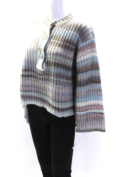 Something Navy Womens Oversized Crochet Knit Striped Sweater Gray Blue Wool XS