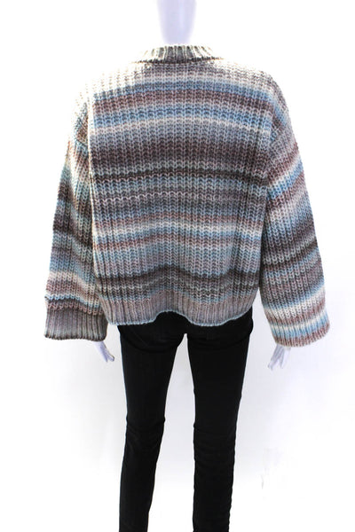 Something Navy Womens Oversized Crochet Knit Striped Sweater Gray Blue Wool XS