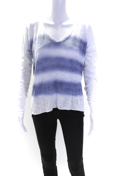 Feel the Piece Terre Jacobs Womens Long Sleeve V Neck Shirt White Blue Size XS/S