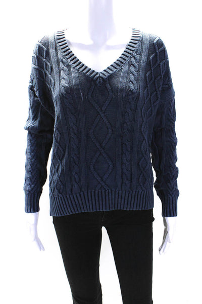 Feel the Piece Terre Jacobs Womens V Neck Cable Sweater Blue Cotton One Size