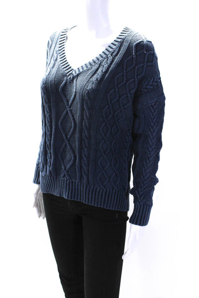 Feel the Piece Terre Jacobs Womens V Neck Cable Sweater Blue Cotton One Size