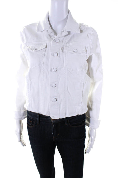 Ecru Womens Button Front Long Sleeve Collared Fringe Jean Jacket White Small