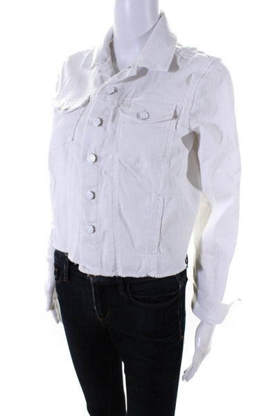 Ecru Womens Button Front Long Sleeve Collared Fringe Jean Jacket White Small