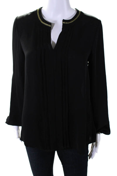 Atelier Womens Long Sleeve V Neck Pintuck Shirt Top Black Size Small