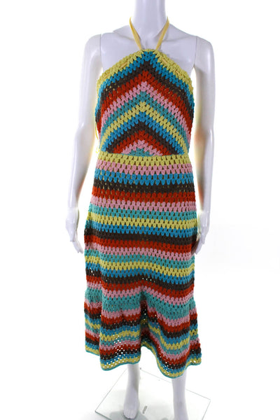 Saylor Womens Open Back Halter Crochet Striped Midi Dress Multicolored Small