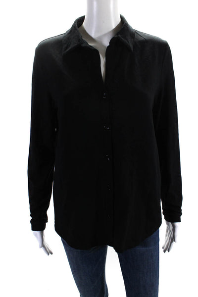 Majestic Filatures Womens V-Neck Collar Half Button Long Sleeve Top Black Size 2