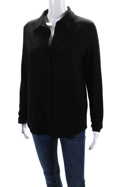 Majestic Filatures Womens V-Neck Collar Half Button Long Sleeve Top Black Size 2