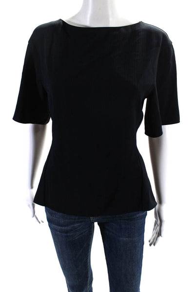 Theory Womens Round Neck Ribbed Textured Short Sleeve Zipped Blouse Navy Size S