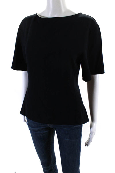 Theory Womens Round Neck Ribbed Textured Short Sleeve Zipped Blouse Navy Size S