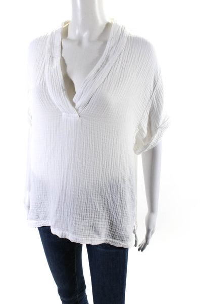 Xirena Womens Cotton Textured V-Neck Cotton Collar Short Sleeve Top White Size S