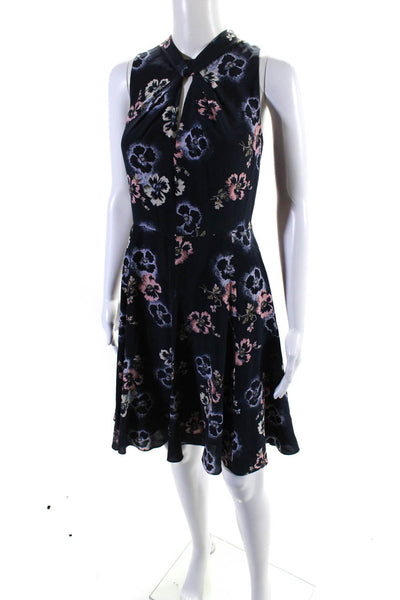 Rebecca Taylor Womens Silk Floral Print Keyhole Fit & Flare Dress Blue Size 12