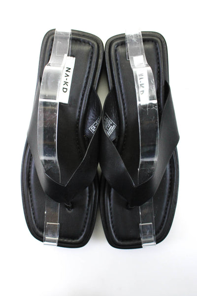 NA-KD Womens Leather Platform Thong Square Toe Slide On Sandals Black Size 9.5