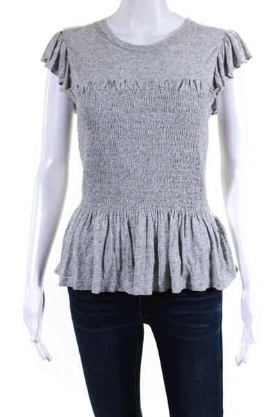 Rebecca Taylor Womens Short Sleeve Scoop Neck Ruffled Smocked Top Gray Small