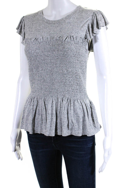 Rebecca Taylor Womens Short Sleeve Scoop Neck Ruffled Smocked Top Gray Small