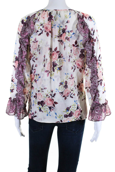 Misa Womens Ruffled Long Sleeve Keyhole Floral Blouse White Multi Size Small