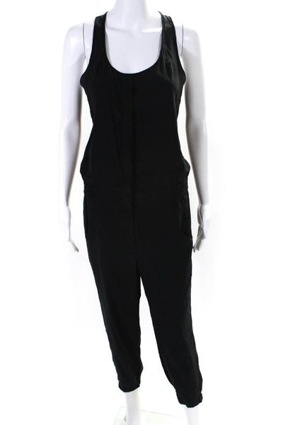 Vince Womens Scoop Neck Button Up Slim Leg Cropped Jumpsuit Black Size Small