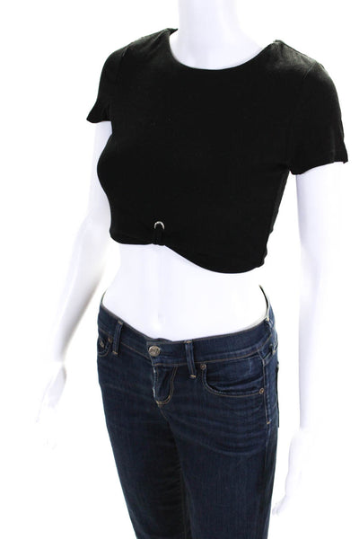 Superdown Womens Ribbed Knit Short Sleeve Knotted Grommet Crop Top Black Size S