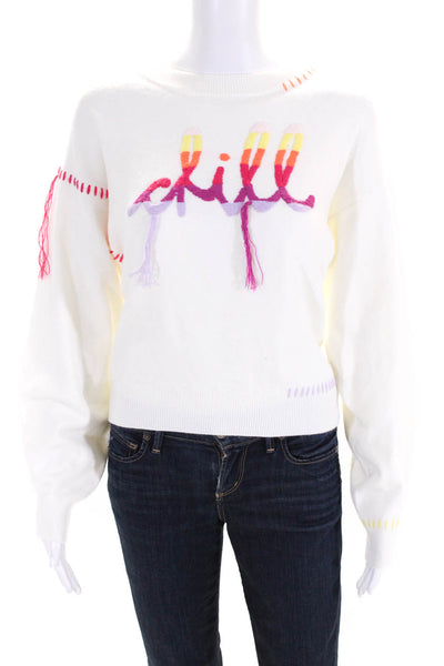 525 Womens Cotton Thigh Knit Chill Embroidery Long Sleeve Sweater White Size S