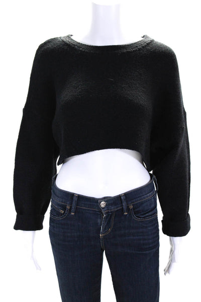 Silk & Salt Womens Tight Knit Long Sleeve Cropped Crewneck Sweater Black Size OS