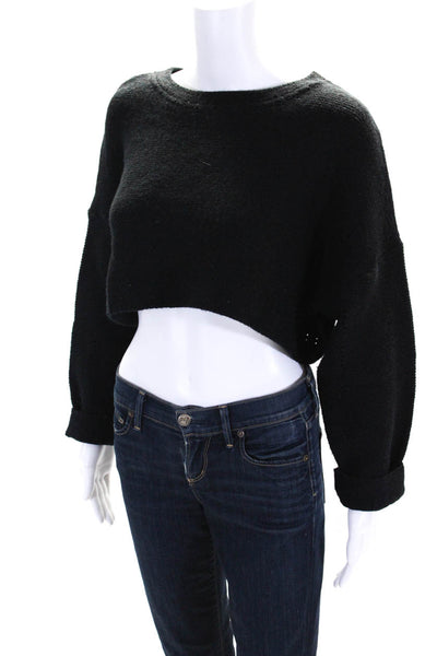 Silk & Salt Womens Tight Knit Long Sleeve Cropped Crewneck Sweater Black Size OS