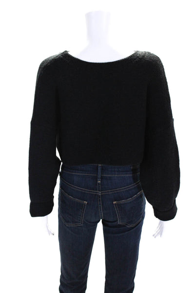 Silk & Salt Womens Tight Knit Long Sleeve Cropped Crewneck Sweater Black Size OS