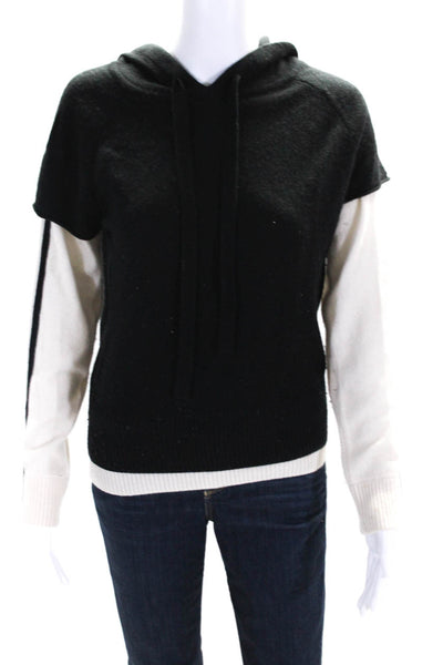 PRVLG Womens Cashmere Knit Colorblock Layered Hooded Sweater Black Cream Size S