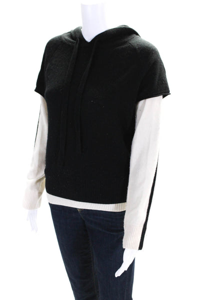 PRVLG Womens Cashmere Knit Colorblock Layered Hooded Sweater Black Cream Size S