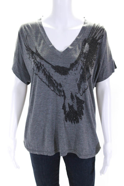 Haute Hippie Womens Jersey Knit Studded Bird Graphic V-Neck Shirt Gray Size S