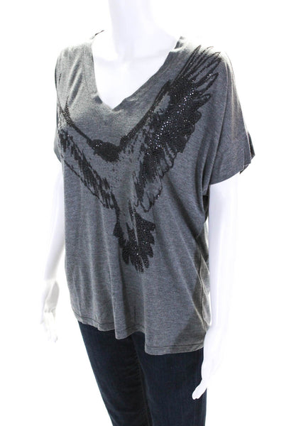 Haute Hippie Womens Jersey Knit Studded Bird Graphic V-Neck Shirt Gray Size S