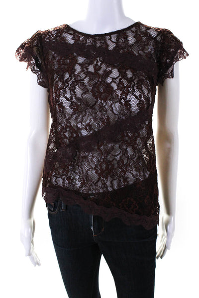 Anthropologie Women's Round Neck Ruffle Sleeves Lace Blouse Burgundy Size XXS