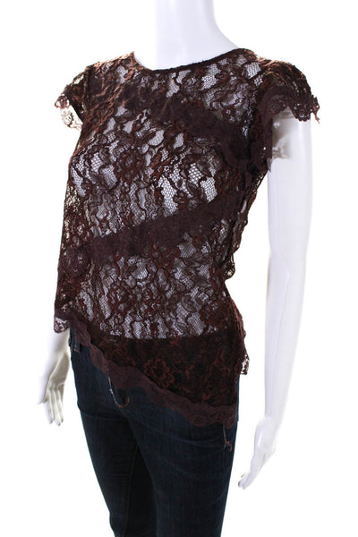 Anthropologie Women's Round Neck Ruffle Sleeves Lace Blouse Burgundy Size XXS